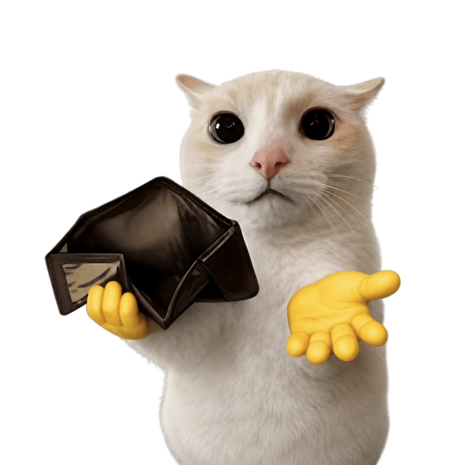 Broke Cat holding an empty wallet